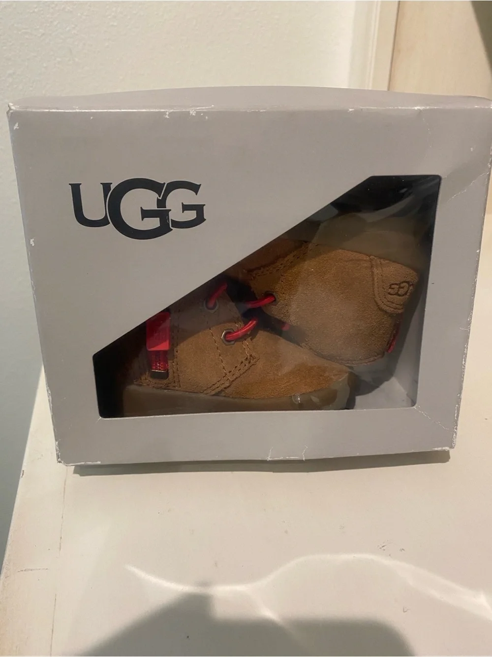 UGG infant Baby Chestnut Suede Lined Ankle Booties Red Lace New 6-12 months